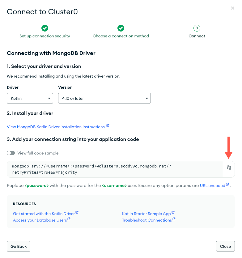 Atlas Connection GUI connection string screen